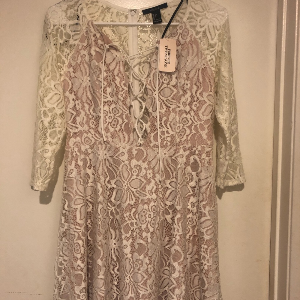 White lace with tan slip dress
